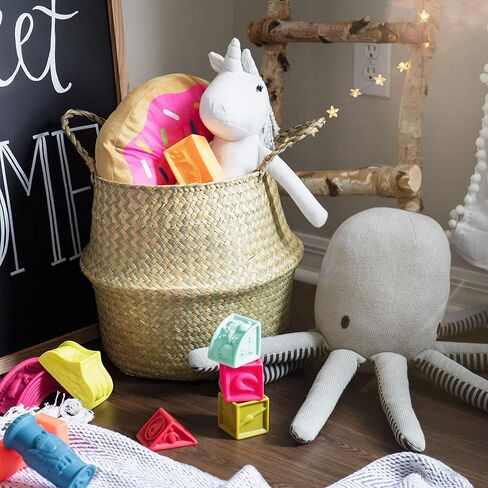 سلة بطن من العشب البحري كبيرة الحجم XXL مع مقابض – منسوجة يدويًا بنسبة 100% من الأعشاب البحرية التي تنمو بشكلٍ مستدام - سلة مزخرفة لغرفة المعيشة وغرفة النوم وتخزين البطاطين وغسيل الملابس والألعاب in Kuwait