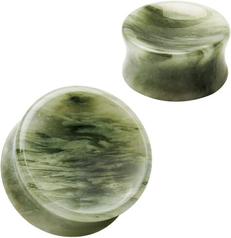 Pierced Owl - Natural Green Line Jasper Concave Stone Saddle Plugs, Sold as a Pair in Kuwait