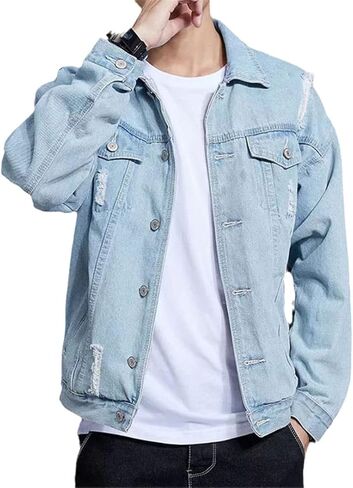 Men's Spring Ripped Jeans Jacket Oversize Denim Jackets Autumn Long Sleeve Jeans Top Vintage Mens Coat in Kuwait