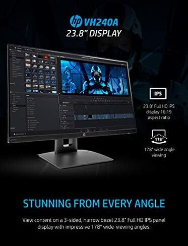 HP VH240a 23.8-Inch Full HD 1080p IPS LED Monitor with Built-In Speakers and VESA Mounting, Rotating Portrait & Landscape, Tilt, and HDMI & VGA Ports (1KL30AA) - Black in Kuwait