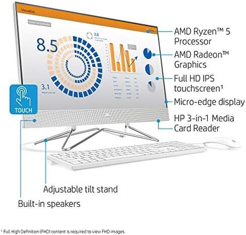 HP 24-inch All-in-One Touchscreen Desktop Computer, AMD Ryzen 5 4500U Processor, 12 GB RAM, 512 GB SSD, Windows 10 Home (24-dp0160, Silver) in Kuwait