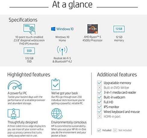 HP 24-inch All-in-One Touchscreen Desktop Computer, AMD Ryzen 5 4500U Processor, 12 GB RAM, 512 GB SSD, Windows 10 Home (24-dp0160, Silver) in Kuwait