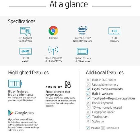 HP Chromebook x360 14-inch HD Touchscreen Laptop, Intel Celeron N4000, 4 GB RAM, 32 GB eMMC, Chrome (14b-ca0010nr, Ceramic White/Mineral Silver) in Saudi Arabia