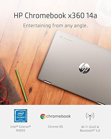كمبيوتر محمول HP Chromebook x360 14، معالج Intel Celeron، ذاكرة وصول عشوائي 4 جيجابايت، 32 جيجابايت eMMC، شاشة 14 بوصة عالية الدقة (1366 × 768)، نظام تشغيل Chrome، كاميرا ويب وميكروفونات مزدوجة، العمل، الترفيه، المدرسة، عمر بطارية طويل (14a-ca0040nr، 2021 in Kuwait
