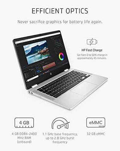 كمبيوتر محمول HP Chromebook x360 14، معالج Intel Celeron، ذاكرة وصول عشوائي 4 جيجابايت، 32 جيجابايت eMMC، شاشة 14 بوصة عالية الدقة (1366 × 768)، نظام تشغيل Chrome، كاميرا ويب وميكروفونات مزدوجة، العمل، الترفيه، المدرسة، عمر بطارية طويل (14a-ca0040nr، 2021 in Kuwait