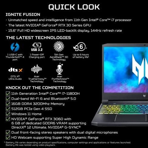 Acer Predator Helios 300 PH315-54-760S Gaming Laptop | Intel i7-11800H | NVIDIA GeForce RTX 3060 Laptop GPU | 15.6" Full HD 144Hz 3ms IPS Display | 16GB DDR4 | 512GB SSD | Killer WiFi 6 | RGB Keyboard in Saudi Arabia