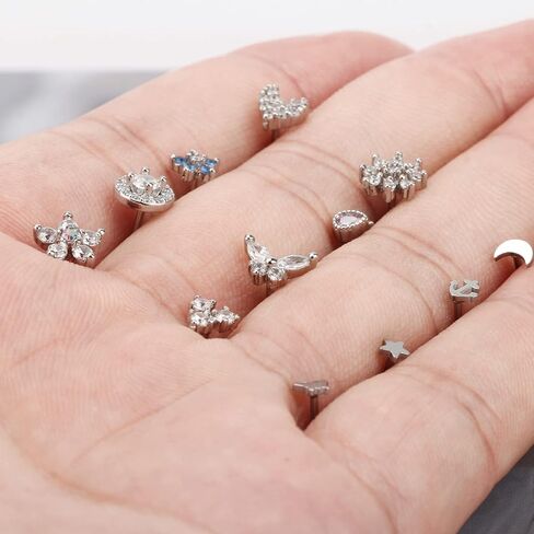 CrazyPiercing 16Pcs L Nose Rings 20G Cute Nose Studs 8Pcs Cubic Zircon Nose Piercing Jewelry With 8Pcs Stainless Steel Nose Stud for Women Man (Silver) in Saudi Arabia