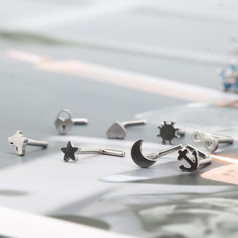 CrazyPiercing 16Pcs L Nose Rings 20G Cute Nose Studs 8Pcs Cubic Zircon Nose Piercing Jewelry With 8Pcs Stainless Steel Nose Stud for Women Man (Silver) in Saudi Arabia