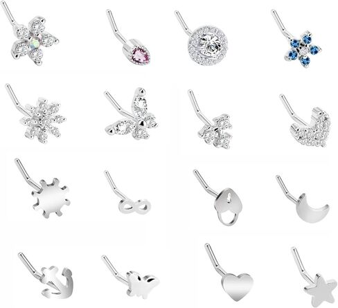 CrazyPiercing 16Pcs L Nose Rings 20G Cute Nose Studs 8Pcs Cubic Zircon Nose Piercing Jewelry With 8Pcs Stainless Steel Nose Stud for Women Man (Silver) in Saudi Arabia