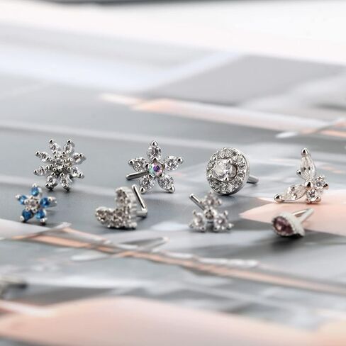 CrazyPiercing 16Pcs L Nose Rings 20G Cute Nose Studs 8Pcs Cubic Zircon Nose Piercing Jewelry With 8Pcs Stainless Steel Nose Stud for Women Man (Silver) in Saudi Arabia