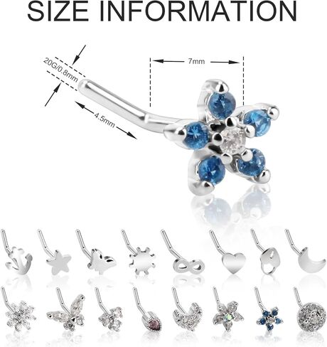 CrazyPiercing 16Pcs L Nose Rings 20G Cute Nose Studs 8Pcs Cubic Zircon Nose Piercing Jewelry With 8Pcs Stainless Steel Nose Stud for Women Man (Silver) in Saudi Arabia