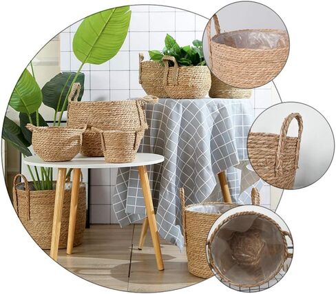 Cabilock Seagrass Plant Basket Hand Woven Belly Basket Bin Straw Beach Bag Panier with Handles for Laundry Picnic Plant Pot Cover Flower Home Toys Decor 16CM Khaki in Saudi Arabia