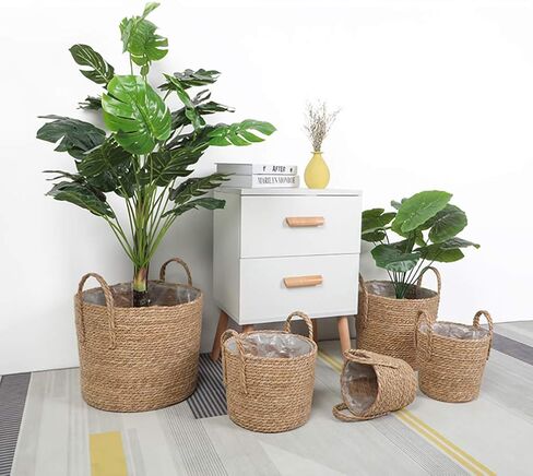Cabilock Seagrass Plant Basket Hand Woven Belly Basket Bin Straw Beach Bag Panier with Handles for Laundry Picnic Plant Pot Cover Flower Home Toys Decor 16CM Khaki in Saudi Arabia