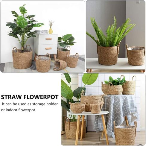 Cabilock Seagrass Plant Basket Hand Woven Belly Basket Bin Straw Beach Bag Panier with Handles for Laundry Picnic Plant Pot Cover Flower Home Toys Decor 16CM Khaki in Saudi Arabia