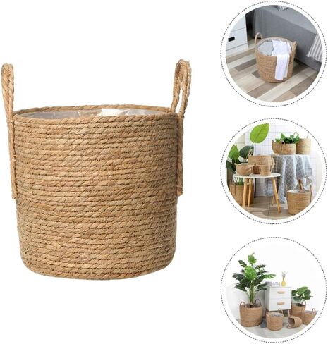 Cabilock Seagrass Plant Basket Hand Woven Belly Basket Bin Straw Beach Bag Panier with Handles for Laundry Picnic Plant Pot Cover Flower Home Toys Decor 16CM Khaki in Saudi Arabia