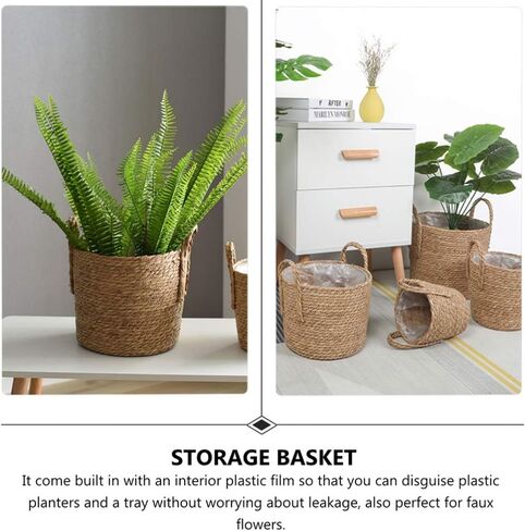 Cabilock Seagrass Plant Basket Hand Woven Belly Basket Bin Straw Beach Bag Panier with Handles for Laundry Picnic Plant Pot Cover Flower Home Toys Decor 16CM Khaki in Saudi Arabia