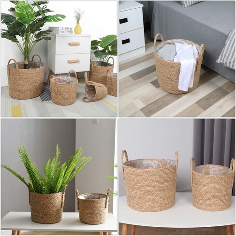 Cabilock Seagrass Plant Basket Hand Woven Belly Basket Bin Straw Beach Bag Panier with Handles for Laundry Picnic Plant Pot Cover Flower Home Toys Decor 16CM Khaki in Saudi Arabia