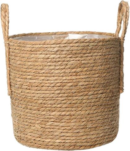 Cabilock Seagrass Plant Basket Hand Woven Belly Basket Bin Straw Beach Bag Panier with Handles for Laundry Picnic Plant Pot Cover Flower Home Toys Decor 16CM Khaki in Saudi Arabia