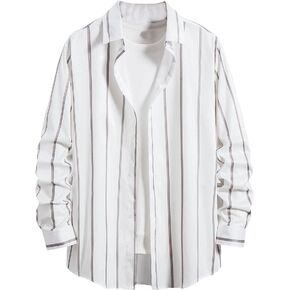 قميص عمل رجالي من Floerns بطباعة مخططة وأكمام طويلة وأزرار سفلية بمقاس عادي in Kuwait