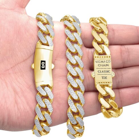 Nuragold 10k Yellow Gold 13mm Monaco Miami Cuban Diamond Cut Pave Link Chain Bracelet, Mens Jewelry Fancy Box Clasp 8" 8.5" 9" in Saudi Arabia