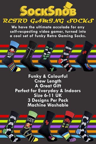 Mens Retro Gaming Funky Novelty Cotton Video Game Adult Crew Socks 7-12 | 3 Pack in Kuwait