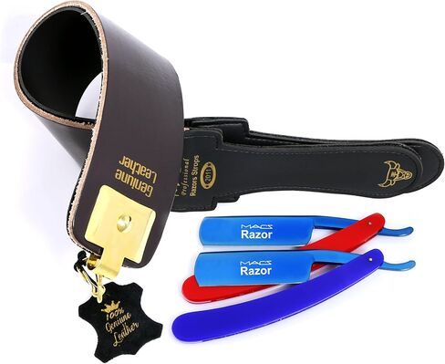 Professional Gold Quality Sharpening Strop Made of Cowhide Real Leather 3" Wide and 22" Long With 2 Professional Quality Old Fashion Titanium Straight Razors-541 in Saudi Arabia