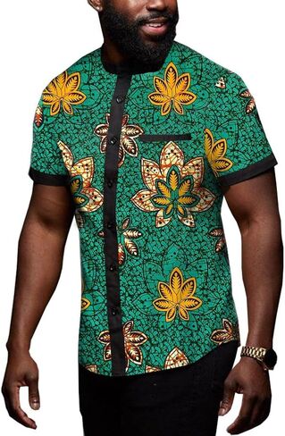 African Men's Shirts Dashiki Tops Print Shirt Blouse Short Sleeve Button Pocket Slim Fit in Saudi Arabia