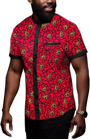 African Men's Shirts Dashiki Tops Print Shirt Blouse Short Sleeve Button Pocket Slim Fit in Saudi Arabia