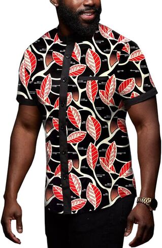African Men's Shirts Dashiki Tops Print Shirt Blouse Short Sleeve Button Pocket Slim Fit in Saudi Arabia