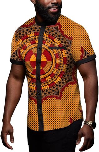 African Men's Shirts Dashiki Tops Print Shirt Blouse Short Sleeve Button Pocket Slim Fit in Saudi Arabia