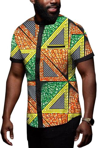 African Men's Shirts Dashiki Tops Print Shirt Blouse Short Sleeve Button Pocket Slim Fit in Saudi Arabia