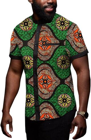 African Men's Shirts Dashiki Tops Print Shirt Blouse Short Sleeve Button Pocket Slim Fit in Saudi Arabia