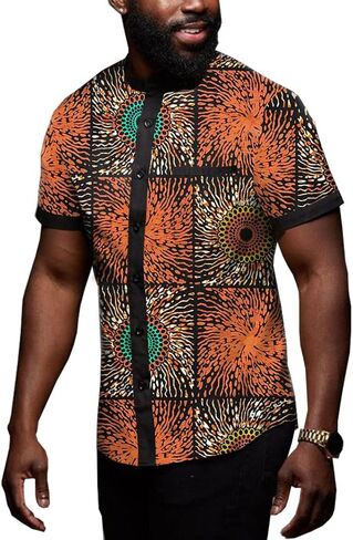 African Men's Shirts Dashiki Tops Print Shirt Blouse Short Sleeve Button Pocket Slim Fit in Saudi Arabia