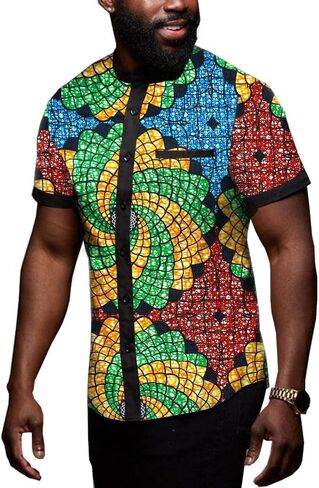 African Men's Shirts Dashiki Tops Print Shirt Blouse Short Sleeve Button Pocket Slim Fit in Saudi Arabia