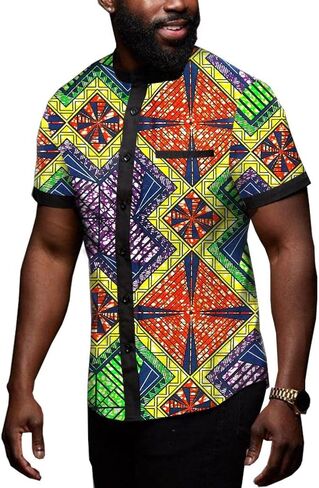 African Men's Shirts Dashiki Tops Print Shirt Blouse Short Sleeve Button Pocket Slim Fit in Saudi Arabia