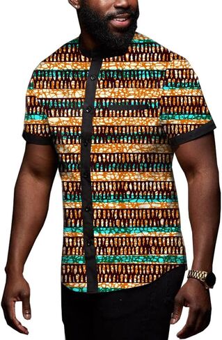 African Men's Shirts Dashiki Tops Print Shirt Blouse Short Sleeve Button Pocket Slim Fit in Saudi Arabia