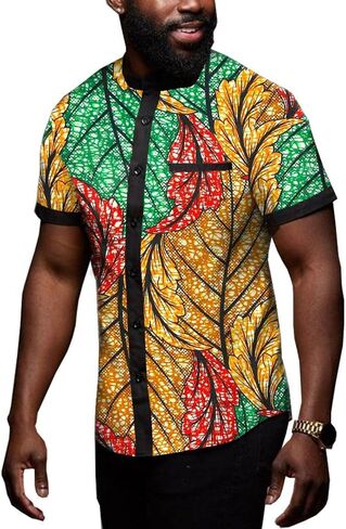 African Men's Shirts Dashiki Tops Print Shirt Blouse Short Sleeve Button Pocket Slim Fit in Saudi Arabia