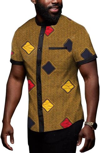 African Men's Shirts Dashiki Tops Print Shirt Blouse Short Sleeve Button Pocket Slim Fit in Saudi Arabia