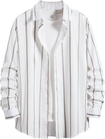 قميص عمل رجالي من Floerns بطباعة مخططة وأكمام طويلة وأزرار سفلية بمقاس عادي in Kuwait