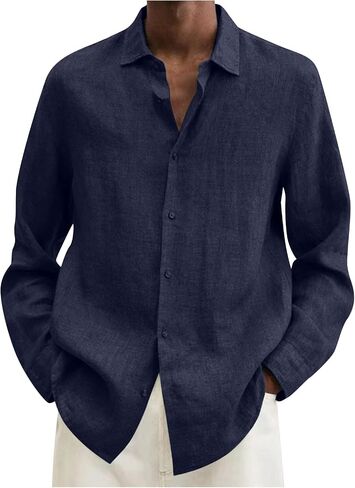 Ymosrh Mens Long Sleeved Shirt Summer Men's Casual Cotton Linen Solid Color Sleeve Shirts Loose T-Shirts for Men in Kuwait