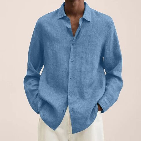 Ymosrh Mens Long Sleeved Shirt Summer Men's Casual Cotton Linen Solid Color Sleeve Shirts Loose T-Shirts for Men in Kuwait
