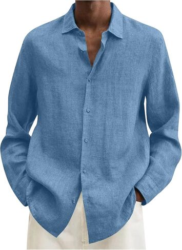Ymosrh Mens Long Sleeved Shirt Summer Men's Casual Cotton Linen Solid Color Sleeve Shirts Loose T-Shirts for Men in Kuwait