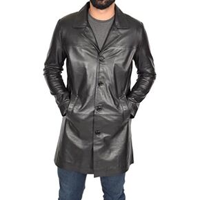 Mens 3/4 Long Black Leather Coat Crombie Style Jacket Overcoat Classic Trench Jones in Kuwait