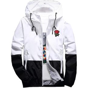 Rexcyril Men's Rose Floral Windbreaker Hooded Jacket Lightweight Casual Full Zip Flower Coat