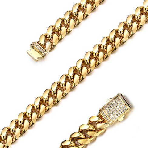 JovJewelry Mens Heavy Miami Cuban Link Chain Necklace Stainless Steel 18K Gold Plated Hip Hop Jewelry For Men Women Wide 6mm/10mm/14mm with Bling CZ Diamond buckle Necklace or Bracelet in Kuwait