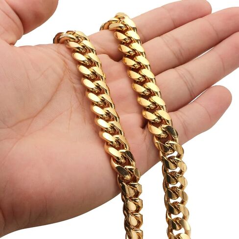 JovJewelry Mens Heavy Miami Cuban Link Chain Necklace Stainless Steel 18K Gold Plated Hip Hop Jewelry For Men Women Wide 6mm/10mm/14mm with Bling CZ Diamond buckle Necklace or Bracelet in Kuwait