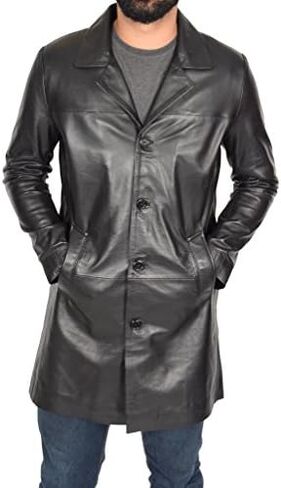 Mens 3/4 Long Black Leather Coat Crombie Style Jacket Overcoat Classic Trench Jones in Kuwait