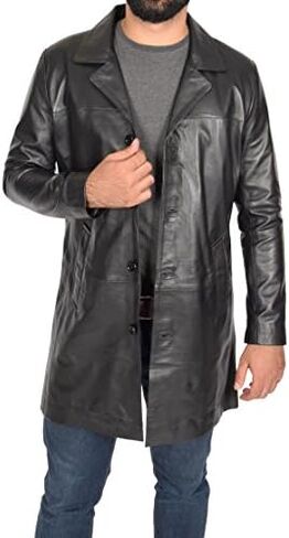 Mens 3/4 Long Black Leather Coat Crombie Style Jacket Overcoat Classic Trench Jones in Kuwait