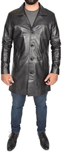 Mens 3/4 Long Black Leather Coat Crombie Style Jacket Overcoat Classic Trench Jones in Kuwait