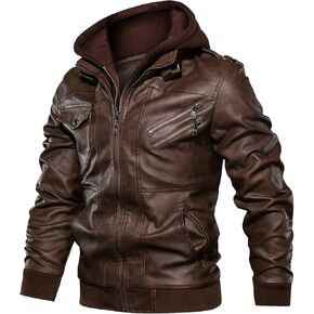 CARWORNIC Men's Faux Leather Jacket Casual Brown Motorcycle Jacket with Removable Hood